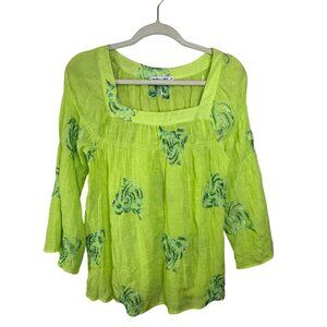 Figuerora & Flower Lime Green Embroidered Boho Blouse Square Neck Flowy Lightwei